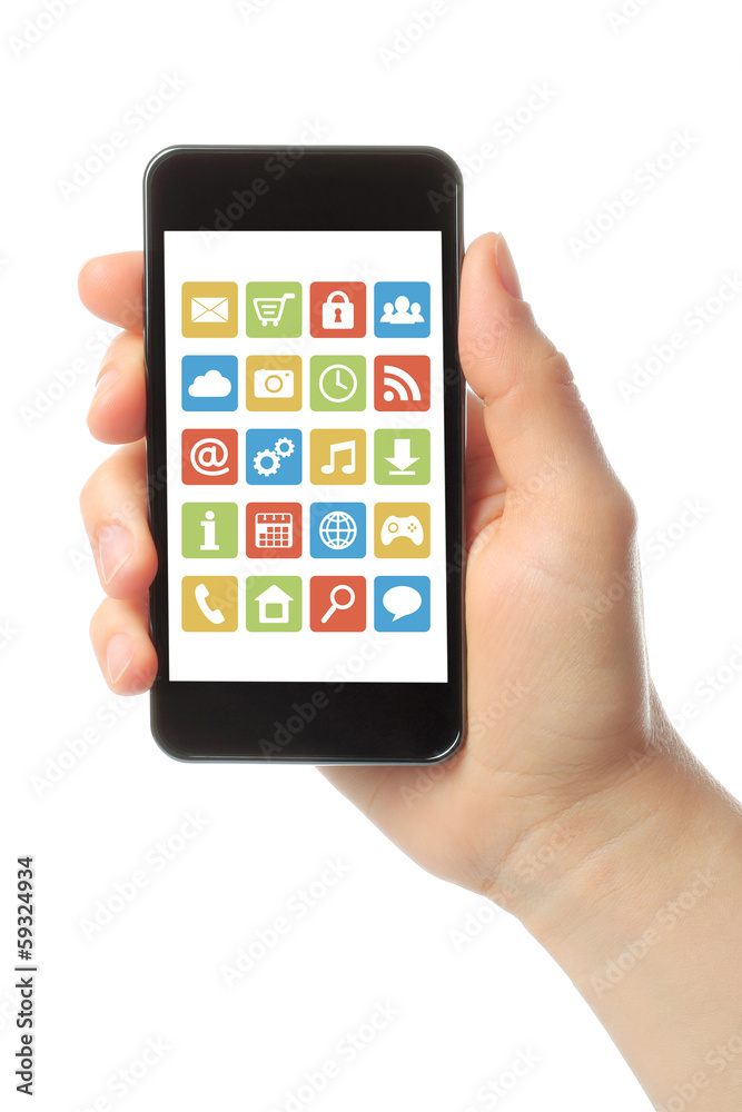 Woman hand holds smart phone with icons