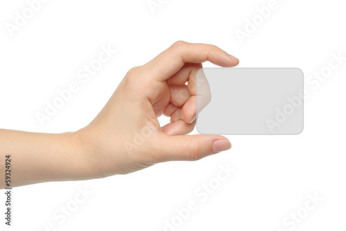 Hand holds virtual card on white background .