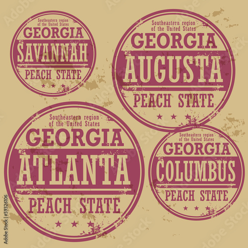 Grunge rubber stamp set with names of Georgia cities