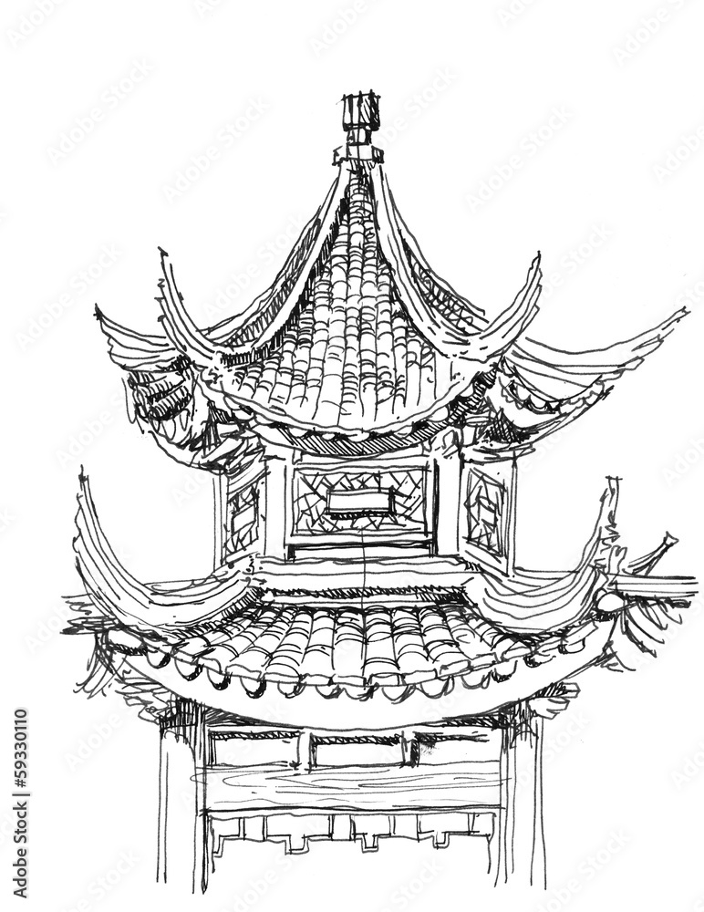 Fototapeta premium Chinese temple drawing in black and white