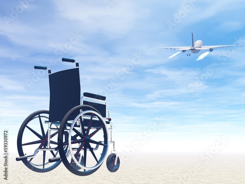 Wheelchair and travel by plane- 3D render