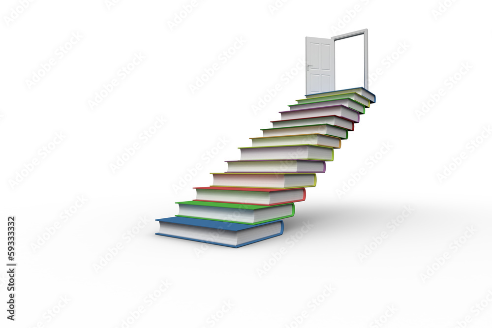 Steps made from books leading to open door Steps made from books leading to open door