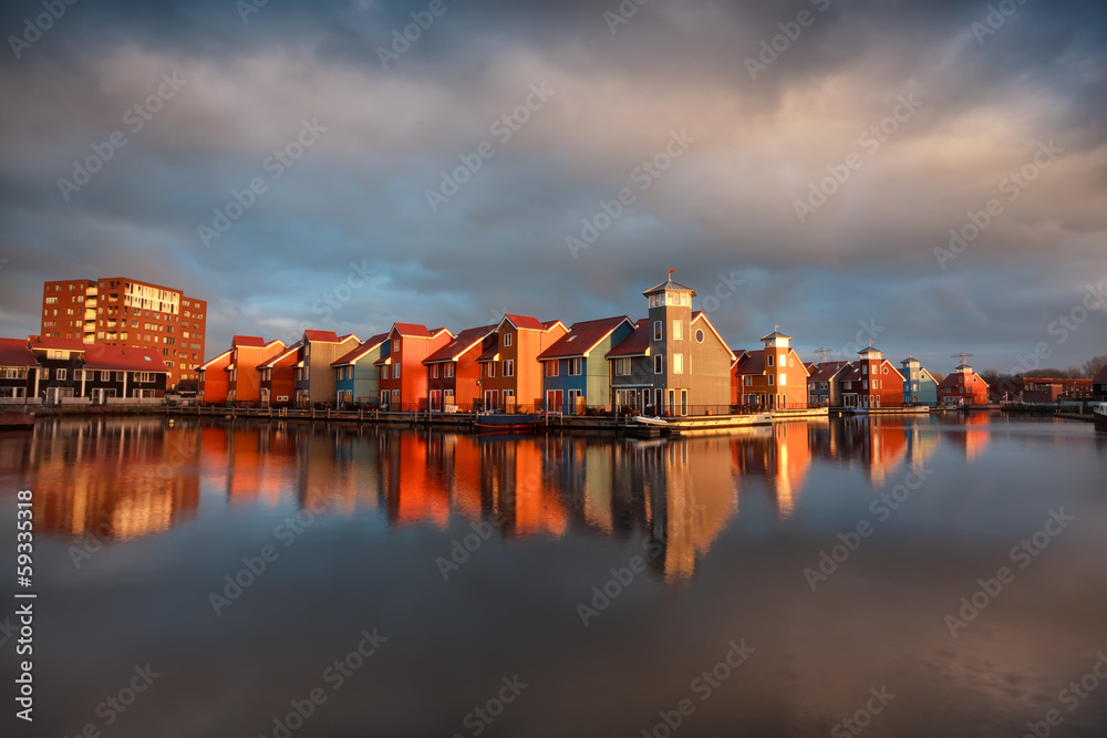 beautiful colorful buildings on water in Groningen