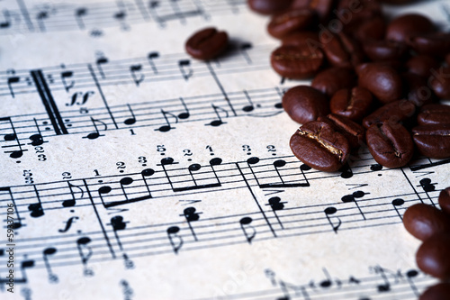Musical score with coffee beans on it