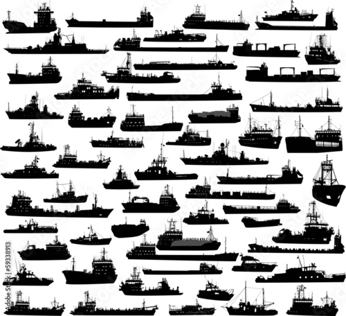 Set of 60 silhouettes of sea yachts, towboat and the ships