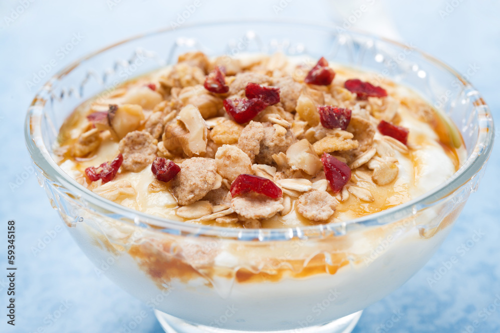 dessert of natural yogurt with honey, granola and nuts, closeup dessert of natural yogurt with honey, granola and nuts, closeup