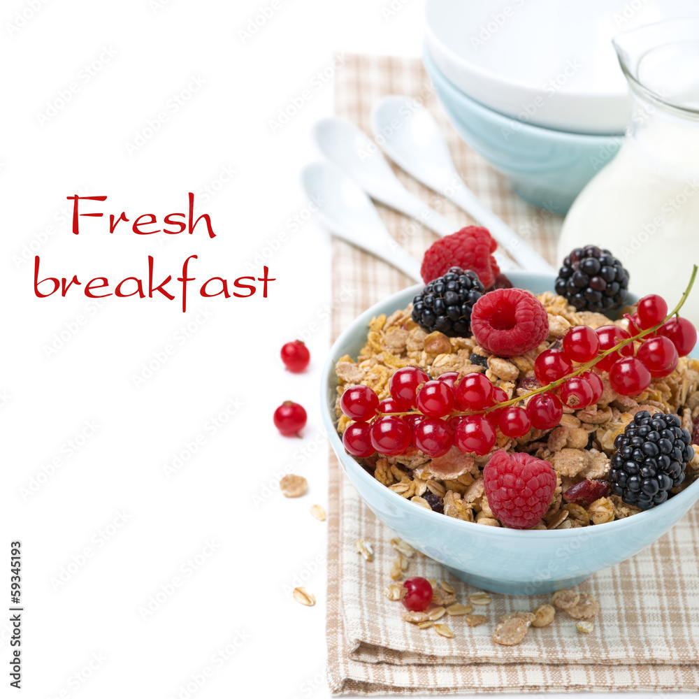 homemade granola with fresh berries and jug of milk, isolated homemade granola with fresh berries and jug of milk, isolated