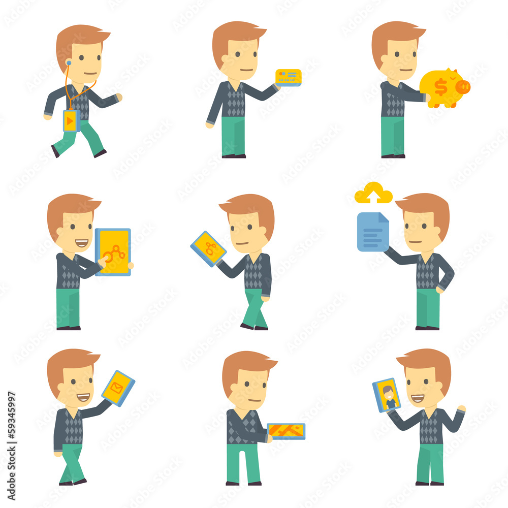 urban character set in different poses. simple flat design. urban character set in different poses. simple flat design.