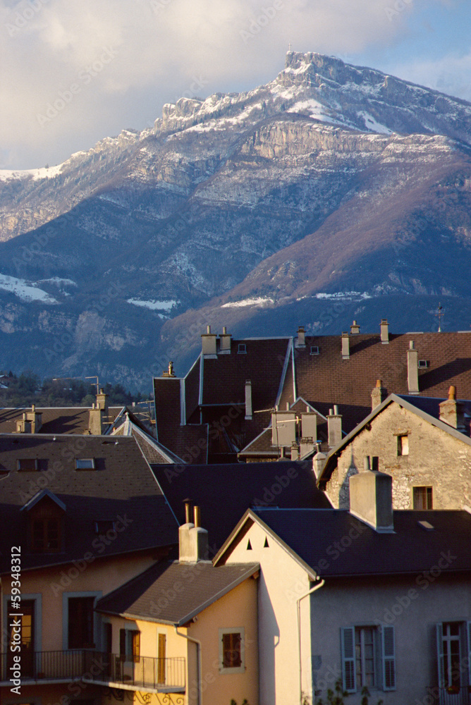 Chambery roofs and Nivolet mountain in Savoy, France