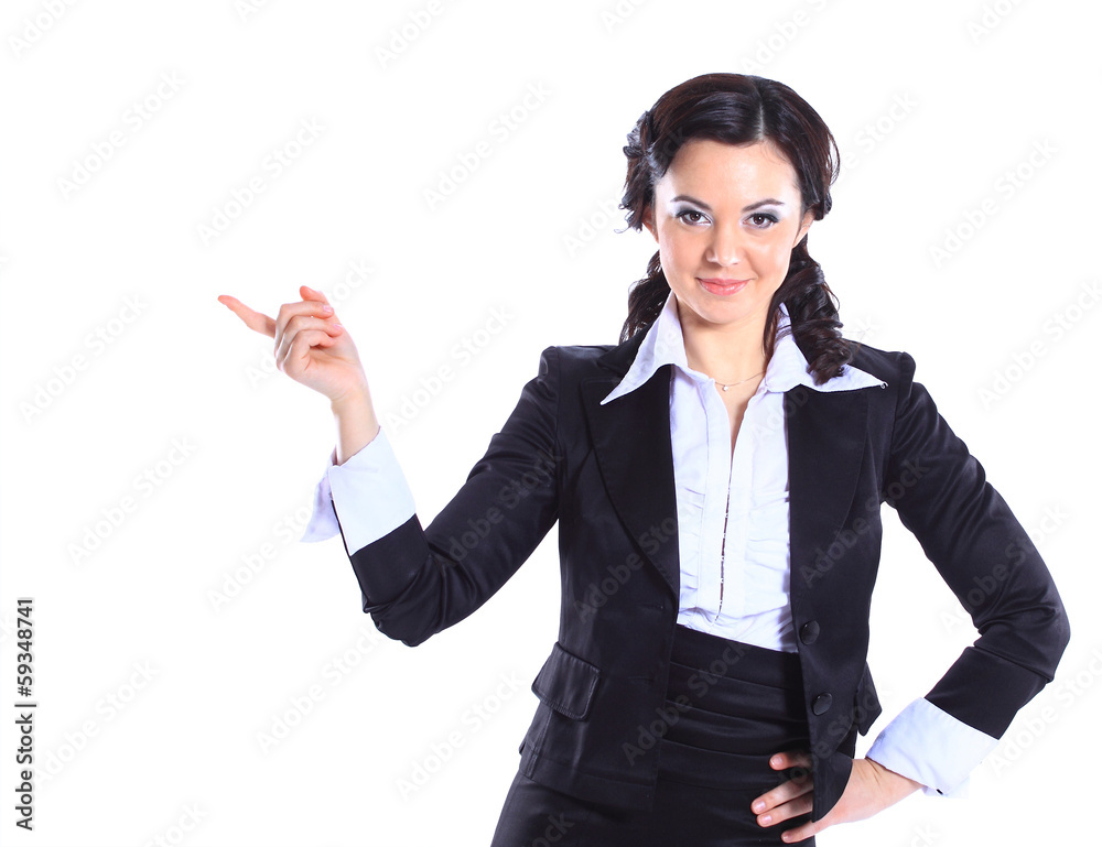 beautiful business woman showing copy space up