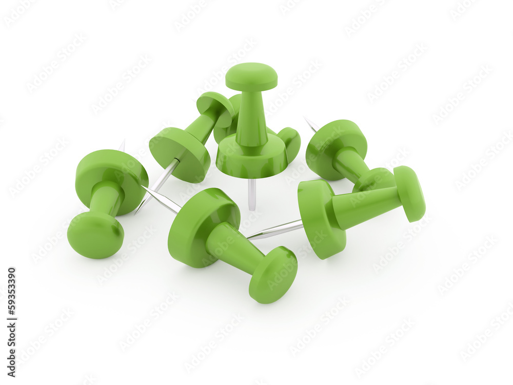 Many green push pins rendered isolated Many green push pins rendered isolated