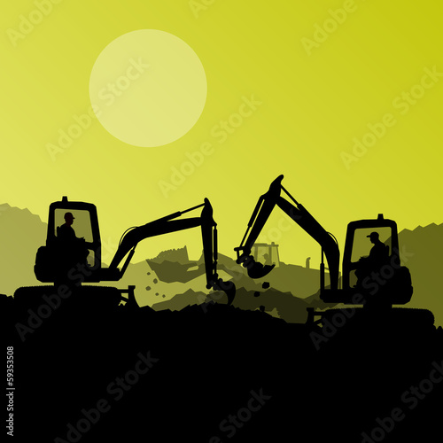 Excavator loaders, hydraulic machines, tractors and workers digg