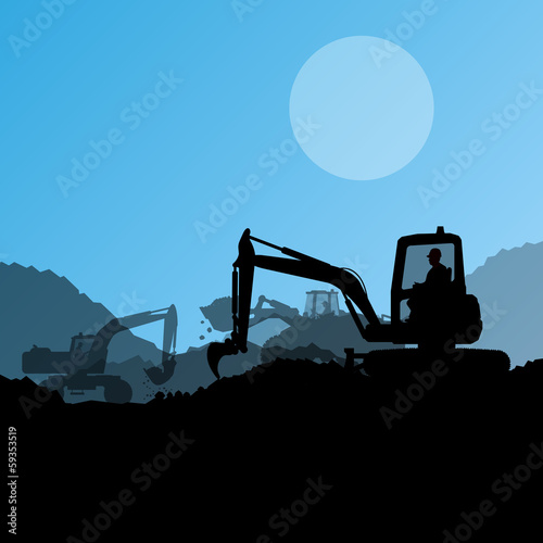 Excavator loaders, hydraulic machines, tractors and workers digg