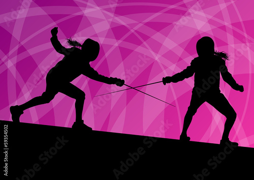 Sword fighters active young women fencing sport silhouettes vect