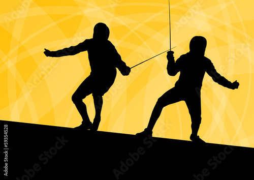 Sword fighters active young men fencing sport silhouettes vector