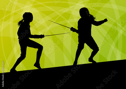 Sword fighters active young women fencing sport silhouettes vect