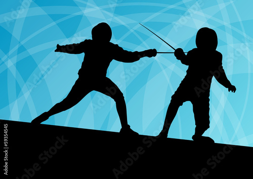 Sword fighters active young men fencing sport silhouettes vector