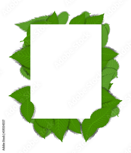 Background with green leaves and a paper page