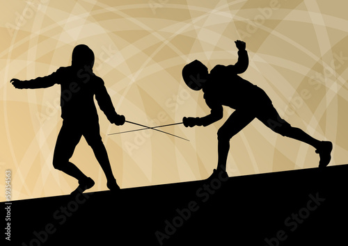 Sword fighters active young men fencing sport silhouettes vector