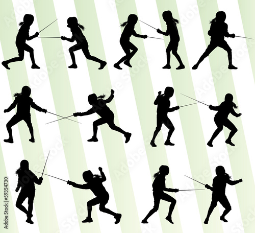 Fencing sport silhouette vector background set