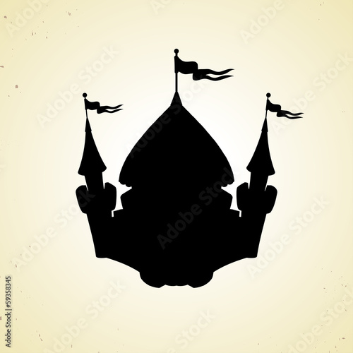 Silhouette of cartoon fortified castle with flags. Icon.