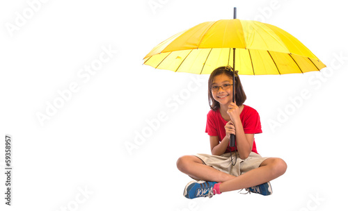 Little Malay Asian girl with umbrella over white background