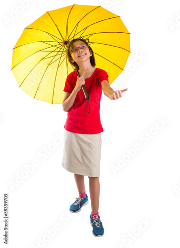 Little Malay Asian girl with umbrella over white background