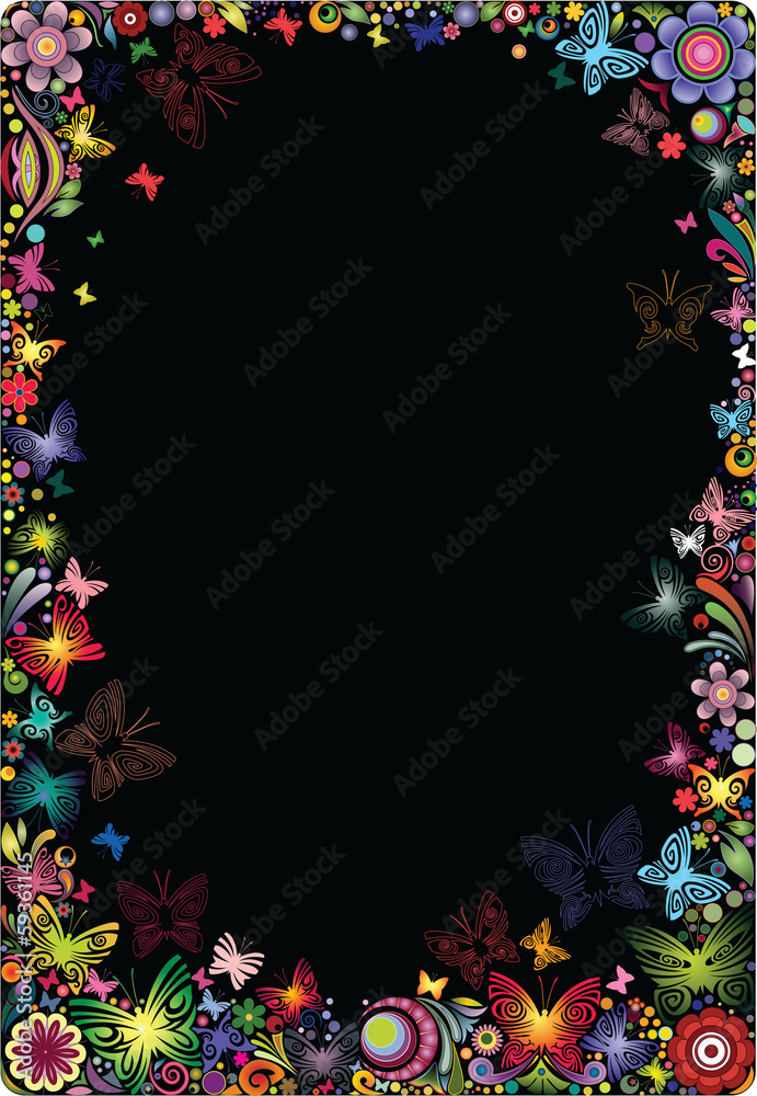 Floral frame with butterflies on a black background. Floral frame with butterflies on a black background.
