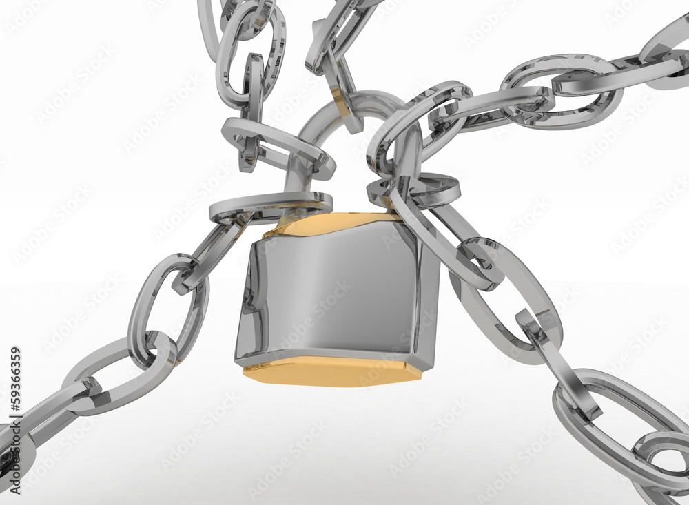 Chrome chain with a Padlock. 3d isolated on white background Chrome chain with a Padlock. 3d isolated on white background