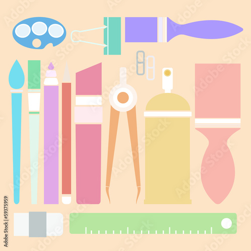 Set of stationary in flat color style