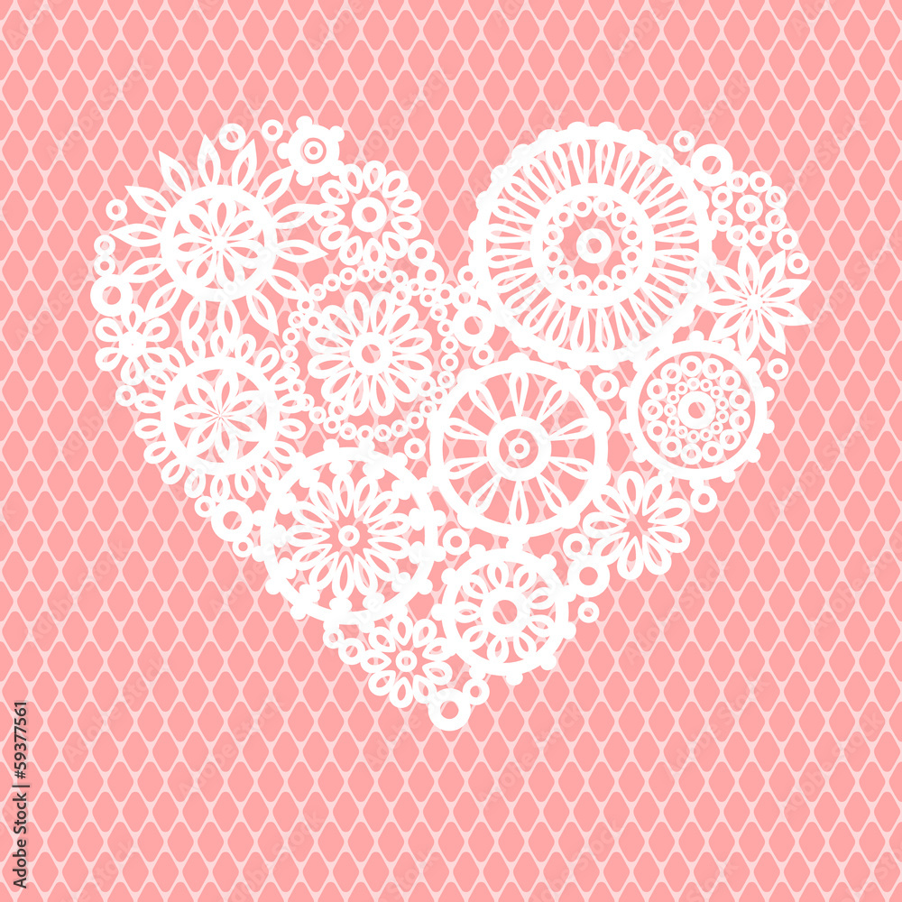 Naklejka premium White lace flowers heart on pink mesh romantic greeting card