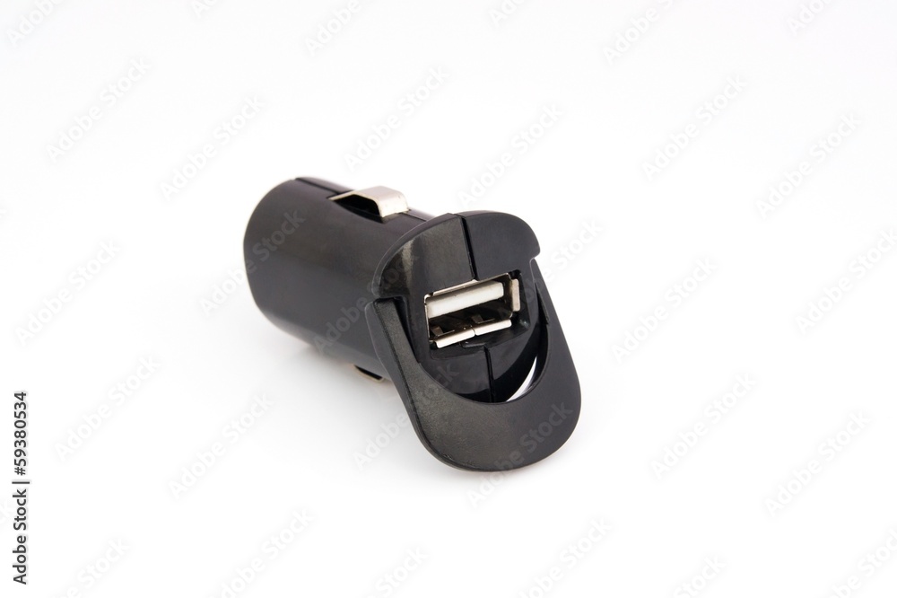 USB car charger isolated on white USB car charger isolated on white