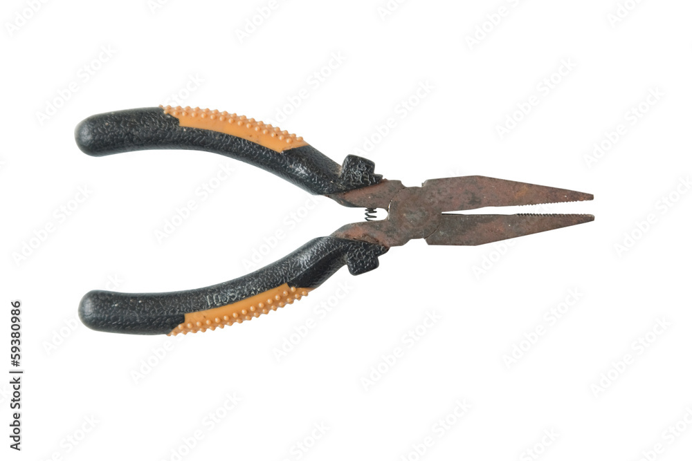 Old pliers yellow tool isolated on a white background. Old pliers yellow tool isolated on a white background.