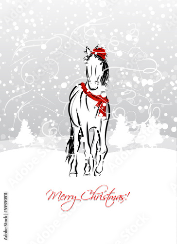 Santa horse sketch for your design. Symbol of 2014 year
