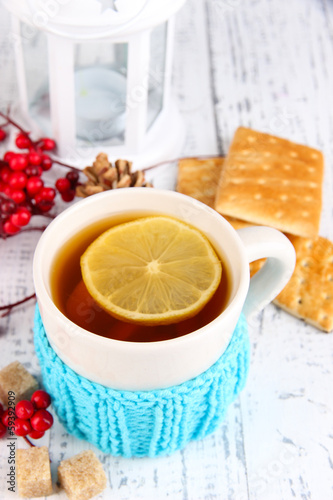 Cup of tea with lemon close up