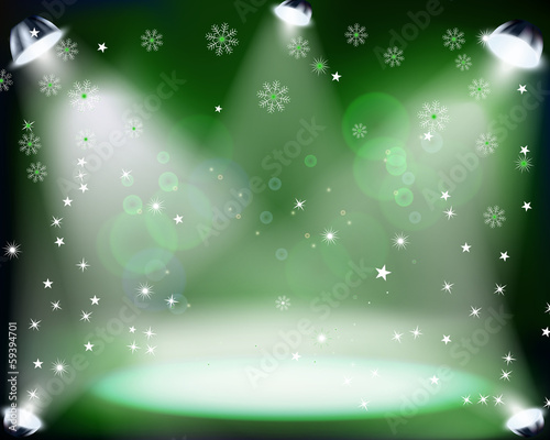Christmas Concert with spotlights and sowflakes on green