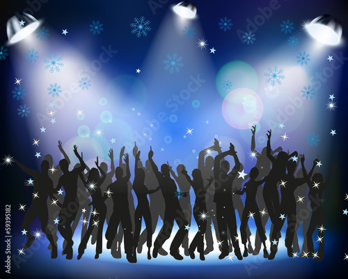 People dancing at a Christmas party on blue background