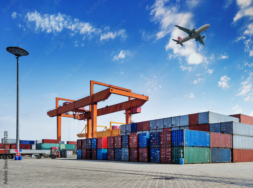 industrial port with containers - obrazy, fototapety, plakaty 