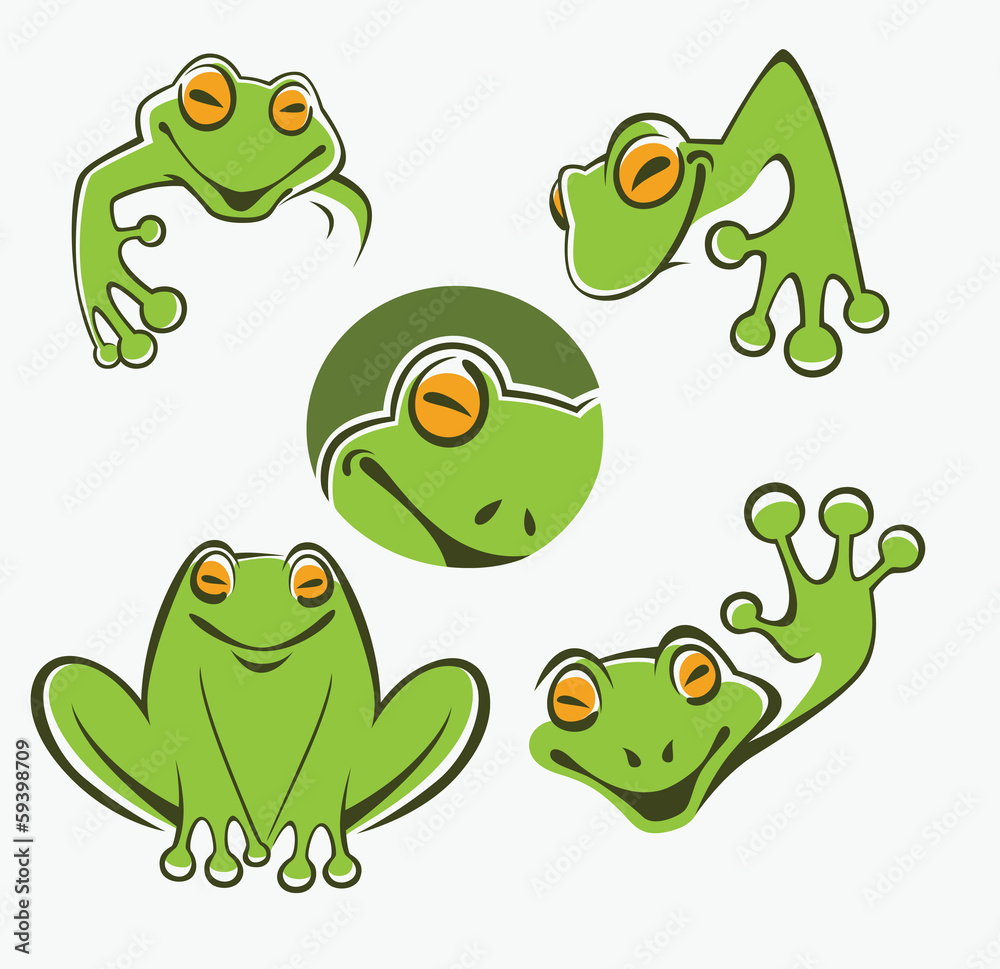 Cute green tree frog cartoon character Icons Stock Vector | Adobe Stock