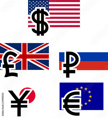 currency symbols and flags. vector illustration
