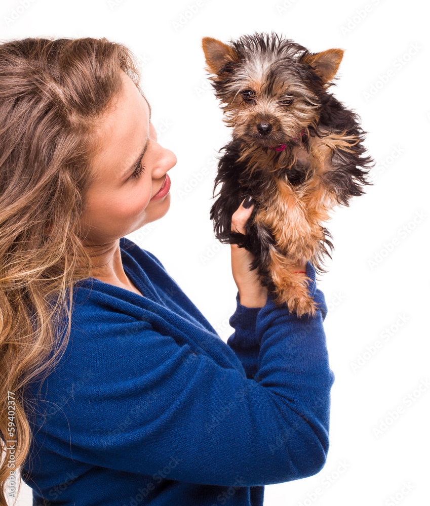 Woman with a little puppy. isolated over white Woman with a little puppy. isolated over white