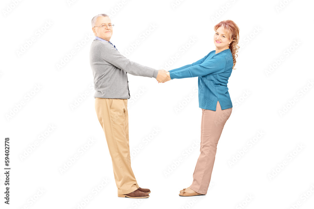Happy middle aged couple holding hands and looking at camera Happy middle aged couple holding hands and looking at camera