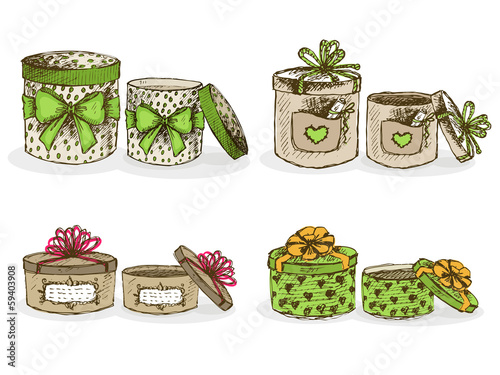 Open and closed hat boxes with decor