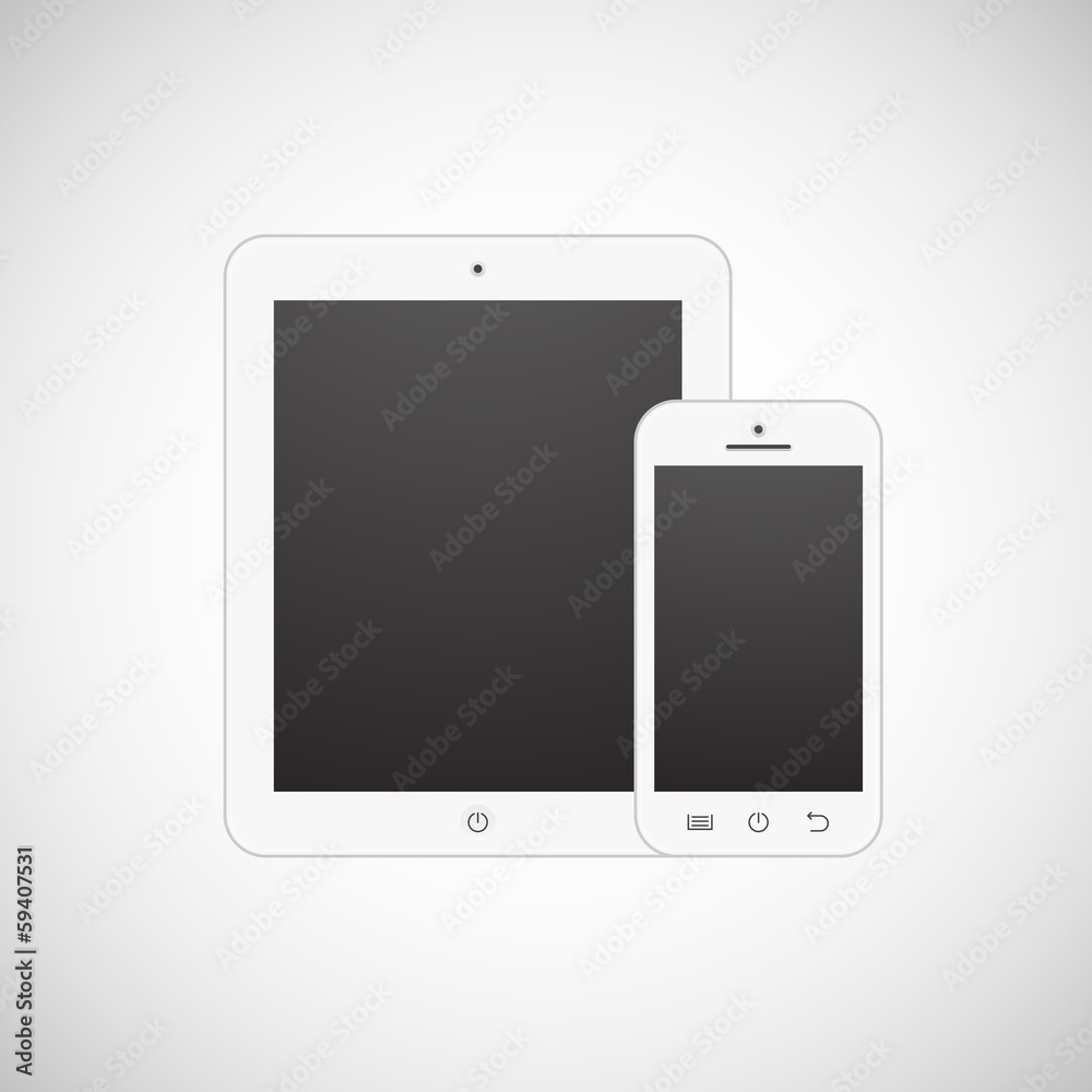 Realistic white tablet computer and mobile phone