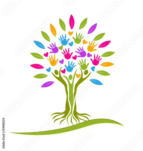 Tree people hands and hearts logo vector