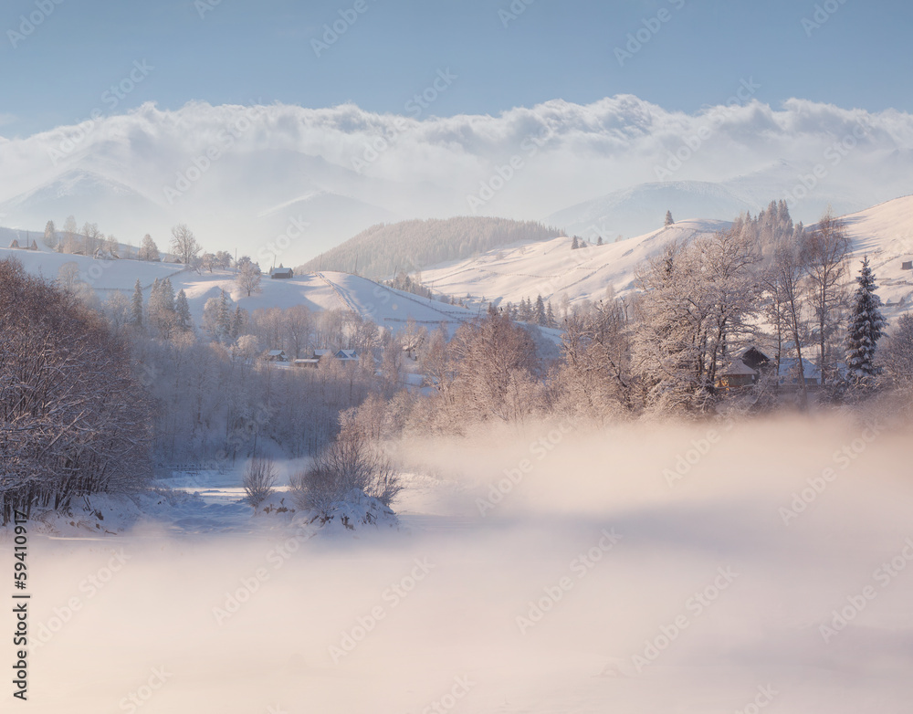 Beautiful winter landscape in the mountain village