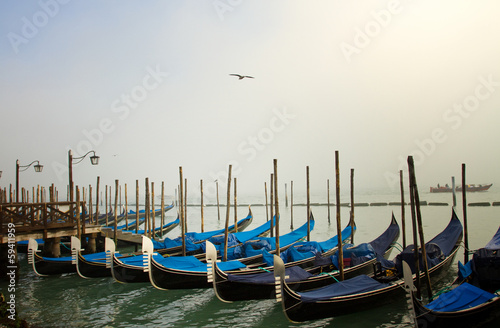 Gondolas in the fog in Venice, Italy