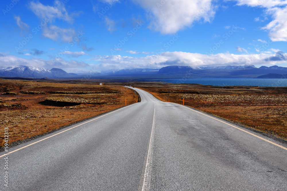 Long and empty asphalt road in Iceland