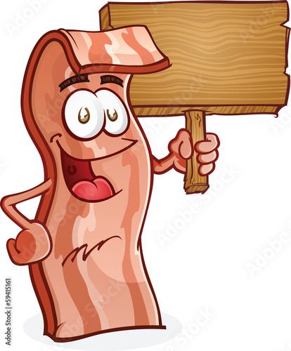 Bacon Cartoon Character Holding a Wooden Sign