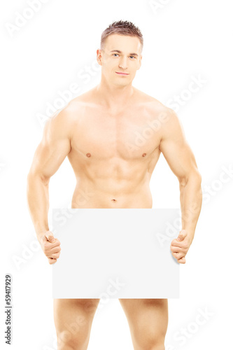 Naked guy holding a blank panel